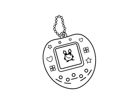 Classic y2k, 90s and 2000s aesthetic. Outline style retro electronic pet pocket game, vintage element. Hand-drawn vector illustration. Patch, sticker, badge, emblem.のイラスト素材