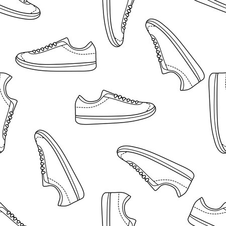 Classic y2k, 90s and 2000s aesthetic. Outline style sneakers, sports shoes, vintage seamless pattern. Hand-drawn vector illustration.のイラスト素材