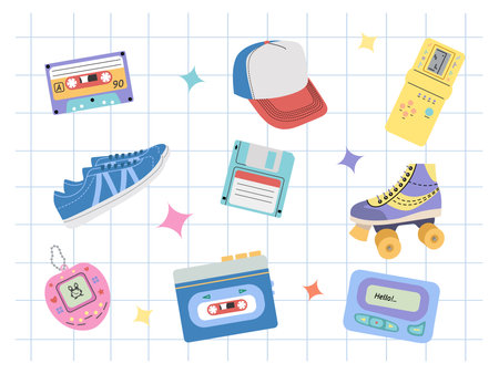 Classic y2k, 90s and 2000s aesthetic. Flat style set of vintage elements. Hand-drawn vector illustration on background of checkered notebook sheet. Patch, sticker, badge, emblem.のイラスト素材