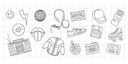 Classic y2k, 90s and 2000s aesthetic. Outline style set of vintage elements. Hand-drawn vector illustration on background of checkered notebook sheet. Patch, sticker, badge, emblem.のイラスト素材