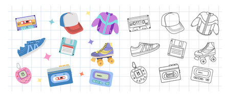 Classic y2k, 90s and 2000s aesthetic. Flat and outline style set of vintage elements. Hand-drawn vector illustration on background of checkered notebook sheet. Patch, sticker, badge, emblem.のイラスト素材