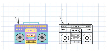 Classic y2k, 90s and 2000s aesthetic. Flat and outline style retro boombox, audio recorder, vintage element. Hand-drawn vector illustration on background of checkered notebook sheet.のイラスト素材