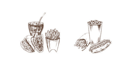 Potato French fries, hot dog, tacos, drinks, set. Hand-drawn sketches of street food, takeaway food, fast food, junk food and drinks. Retro vector illustrations collection isolated. Vintage.のイラスト素材