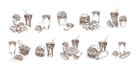 Burgers, potato French fries, drinks, set. Hand-drawn sketches of street food, takeaway food, fast food, junk food and drinks. Retro vector illustrations collection isolated.のイラスト素材