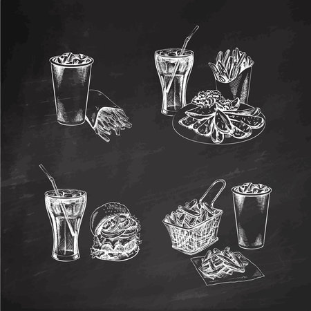 Burgers, potato French fries, drinks, set. Hand-drawn sketches of street food, takeaway food, fast food, junk food and drinks. Retro vector illustrations collection isolated. Vintage illustration.のイラスト素材