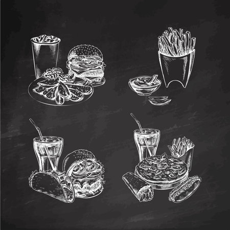 Burgers, potato French fries, drinks, set. Hand-drawn sketches of street food, takeaway food, fast food, junk food and drinks. Retro vector illustrations collection isolated on chalkboard background.のイラスト素材
