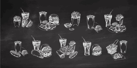 Burgers, potato French fries, drinks, set. Hand-drawn sketches of street food, takeaway food, fast food, junk food and drinks. Retro vector illustrations collection isolated on chalkboard background.のイラスト素材