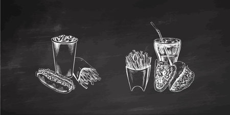 Burgers, potato French fries, drinks, set. Hand-drawn sketches of street food, takeaway food, fast food, junk food and drinks. Retro vector illustrations collection isolated. Vintage.のイラスト素材