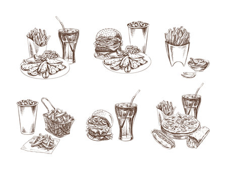 Burgers, potato French fries, drinks, set. Hand-drawn sketches of street food, takeaway food, fast food, junk food and drinks. Retro vector illustrations collection isolated.のイラスト素材