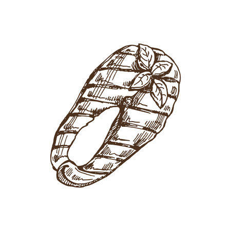 Hand-drawn monochrome vector sketch of piece of barbecue salmon steak. Doodle vintage illustration. Decorations for the menu of cafes and labels. Engraved image.のイラスト素材
