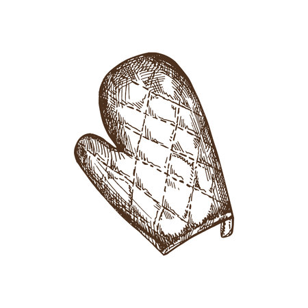 Hand-drawn monochrome vector sketch of potholders mitten. Doodle vintage illustration. Decorations for the menu of cafes and labels. Engraved image.のイラスト素材
