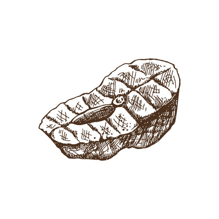 Hand-drawn monochrome vector sketch of piece of barbecue salmon steak. Doodle vintage illustration. Decorations for the menu of cafes and labels. Engraved image.のイラスト素材