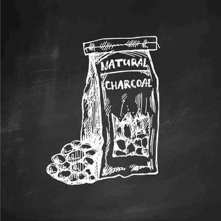 Hand-drawn monochrome vector sketch of charcoal paper bag for barbecue. Doodle vintage illustration on chalkboard background. Decorations for menu of cafes.のイラスト素材