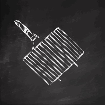 Hand-drawn monochrome vector sketch of barbecue grill, grill grate, BBQ grill grid. Doodle vintage illustration on chalkboard background. Decorations for menu of cafes. Engraved image.のイラスト素材