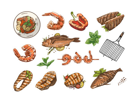 A set of hand-drawn sketches of barbecue fish and pieces of barbecue salmon steaks, shrimps, grilled pepper, barbecue. Doodle vintage illustration. Engraved image.のイラスト素材