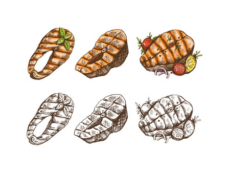 Hand-drawn colored and monochrome vector sketch of piece of barbecue salmon steak. Doodle vintage illustration. Decorations for the menu.のイラスト素材