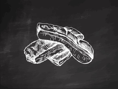 Hand-drawn monochrome vector sketch of barbecue ribs. Doodle vintage illustration. Decorations for the menu of cafes and labels. Engraved image on chalkboard background.のイラスト素材