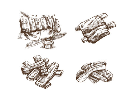 Hand-drawn monochrome vector sketch set of barbecue ribs. Doodle vintage illustration. Decorations for the menu of cafes and labels. Engraved image.のイラスト素材