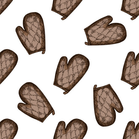 Hand-drawn seamless pattern of potholders mitten. Doodle vintage illustration. Decorations for the menu of cafes and labels.のイラスト素材