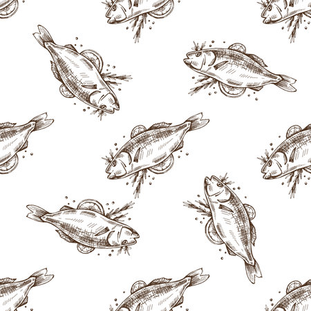 Hand-drawn vector seamless pattern of barbecue fish. Doodle vintage illustration. Decorations for the menu of cafes and labels.のイラスト素材