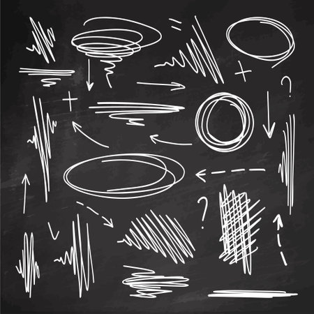 Hand-drawn vector underline element set for accent, scribble doodle underline emphasis line shape set on chalkboard background. Hand drawnのイラスト素材