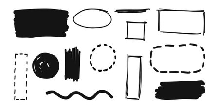 Hand-draw vector doodle frame set. Scribble elements. Circle, box, oval, square, wave, line, rectangle. Brush pen, line strokeのイラスト素材