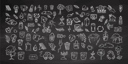 Simple sketch line style elements. Doodle cute ink pen line elements isolated on chalkboard background. Doodle arrow, heart, star, decoration symbol, icon set. Vector illustration.のイラスト素材