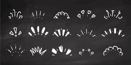 Doodle celebration fireworks icon set on chalkboard background. Hand-drawn ink sketch design. Confetti decorative elements. Lightning, explosion, sunburst, fireworks, bling.のイラスト素材