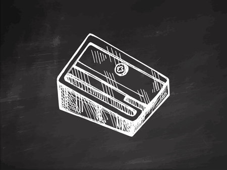 Vector hand-drawn school and office supplies Illustration. Detailed retro style sharpener sketch. Vintage sketch element. Back to School. School essential illustration on chalkboard background.のイラスト素材