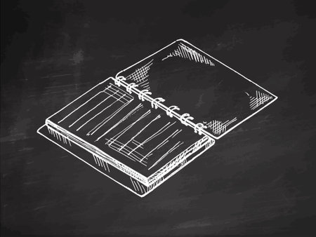 Vector hand-drawn school and office supplies Illustration. Detailed retro style notepad sketch. Vintage sketch element. Back to School. School essential illustration on chalkboard background.のイラスト素材