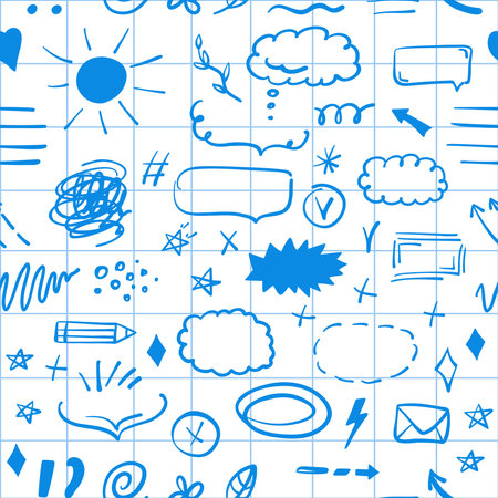Simple sketch line style seamless pattern on checkered notebook sheet. Doodle cute ink pen line elements. Doodle arrow, heart, star, decoration symbol, icon. Vector illustration.のイラスト素材