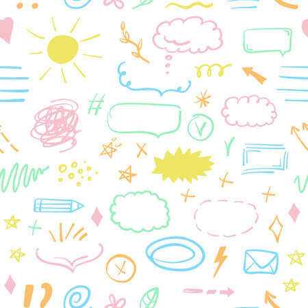 Simple sketch line style seamless pattern. Doodle cute ink pen line elements. Doodle arrow, heart, star, decoration symbol, icon. Vector illustration.のイラスト素材