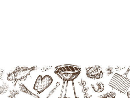 A set of hand-drawn sketches of barbecue and picnic elements, barbecue grill, tools, grilled fisのイラスト素材