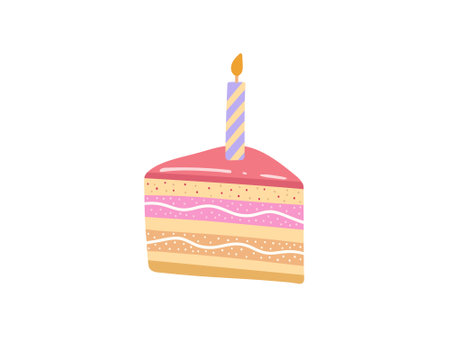 Cake slice piece with candle isolated on white background. Vector illustration for stickers and postcardsのイラスト素材
