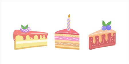 Cake slice pieces isolated on white background. Vector illustration set for stickers and postcards