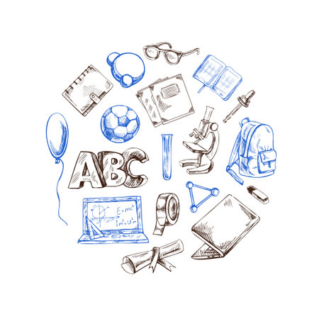 Back to School, hand drawn school supplies, sketch set in a circle. Doodle lettering and school object collection. Education Concept. Vintage sketch elements. Back to School.のイラスト素材