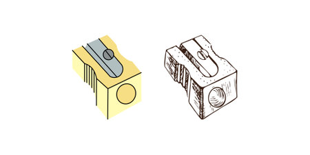 Vector hand-drawn school and office supplies Illustration. Detailed retro style and flat style sharpener sketch. Vintage sketch element. Back to School. School essential illustration.のイラスト素材