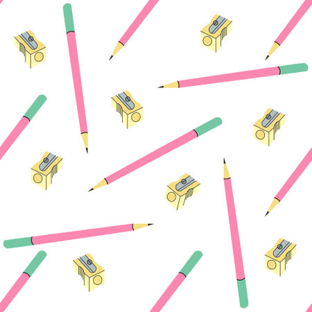 Vector school and office supplies Illustration. Flat style pencils and sharpener seamless pattern. Back to School. School essential illustration.のイラスト素材