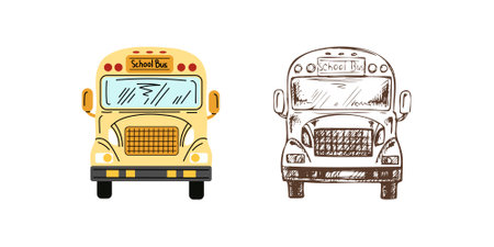 Flat and sketch style school Illustration. School bus sketch. Back to School.のイラスト素材