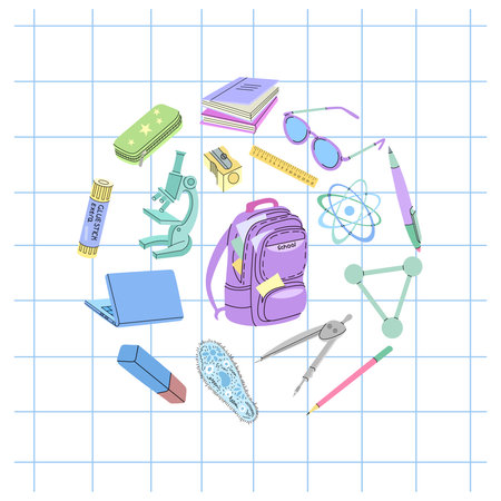 Back to School, flat style school supplies, sketch set in a circle. School object collection....