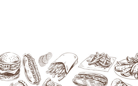 Hand-drawn monochrome sketches of street food, takeaway food, fast food, junk food. Burgers, chips, hot dogs, set. Great for menu.のイラスト素材