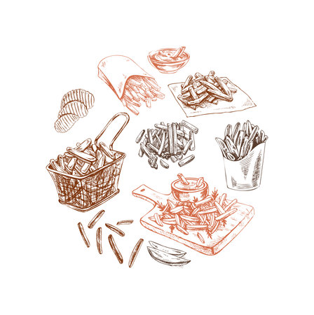 Hand-drawn sketch set of potato French fries, chips and potato slices. Vintage illustration. Element for the design of labels, packaging and postcards.のイラスト素材