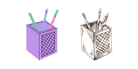 Vector flat and hand drawn sketch style school and office tools Illustration. Plastic box with stationery and drawing tools sketch. Back to School.のイラスト素材