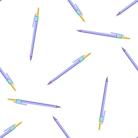 Vector flat style school and office supplies Illustration. Pen seamless pattern. Back to School. School essential illustration.のイラスト素材