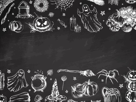 Set of halloween elements in sketch style. Design of ghosts, creepy and spooky elements for Halloween decorations in circle, sketch, icon. Hand drawn vector template on chalkboard background.のイラスト素材