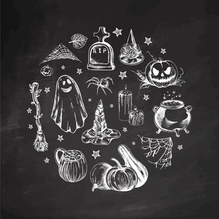 Set of halloween elements in sketch style. Design of ghosts, creepy and spooky elements for Halloween decorations in circle, sketch, icon. Hand drawn vector isolated on chalkboard background.のイラスト素材