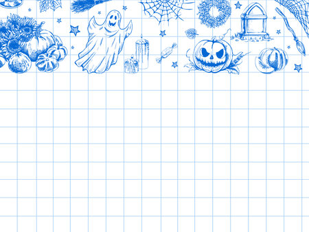 Set of halloween elements in sketch style. Design of ghosts, creepy and spooky elements for Halloween decorations, sketch, icon. Hand drawn vector template on checkered background.のイラスト素材