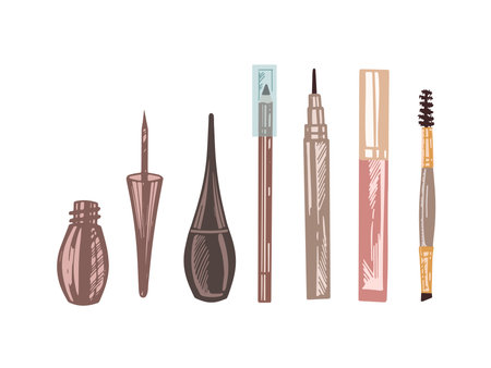 A set of flat style sketches of cosmetics, beauty, self-care elements. Illustration for beauty salon, cosmetic store, makeup design. Engraved image.のイラスト素材