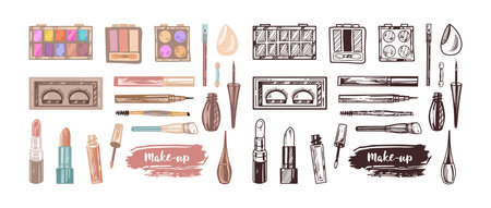 A set of flat and doodle style sketches of cosmetics, beauty, self-care elements. Illustration for beauty salon, cosmetic store, makeup design. Engraved image.のイラスト素材