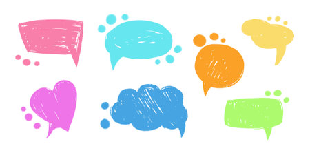 Speech bubble, speech balloon, chat bubble hand drawn sketch, vector icons for apps and website. Brush elements, brush with crayon effect, chalk texture.のイラスト素材
